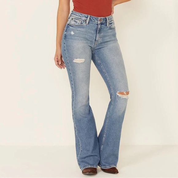Women's Light Blue Distressed Flare Jeans - Picture 1 of 10